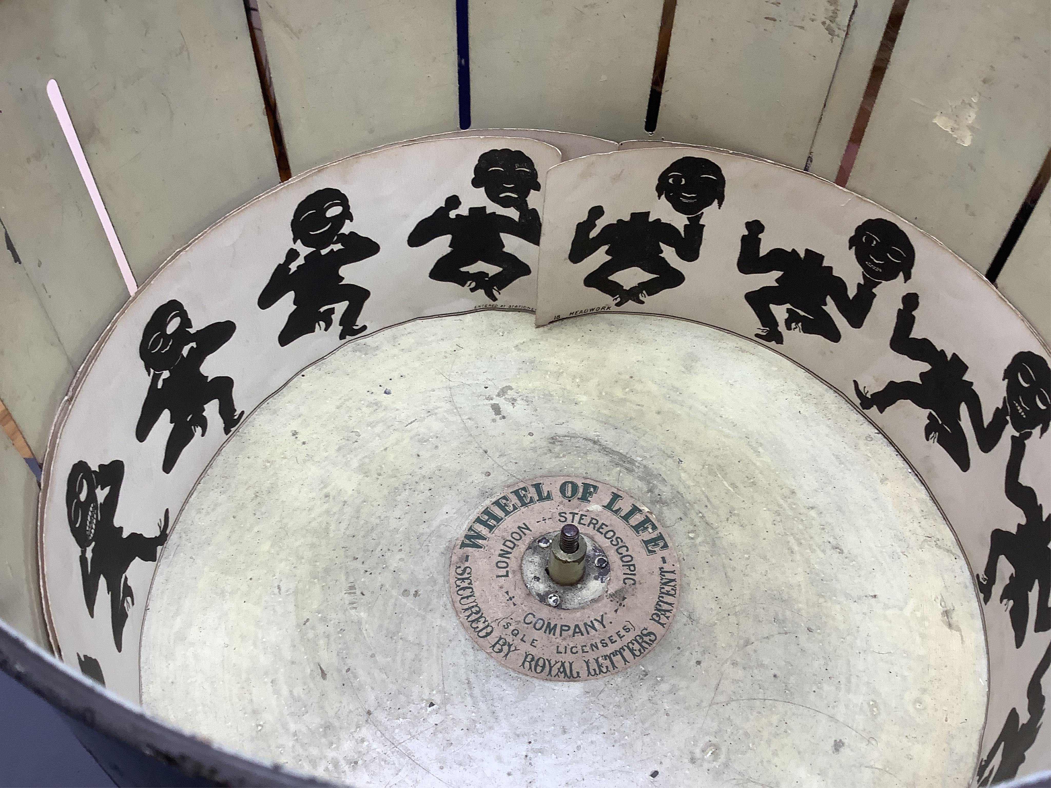 A late 19th century painted tin and mahogany zoetrope by the London Stereoscopic Co. with a number of paper inserts, diameter 30cm